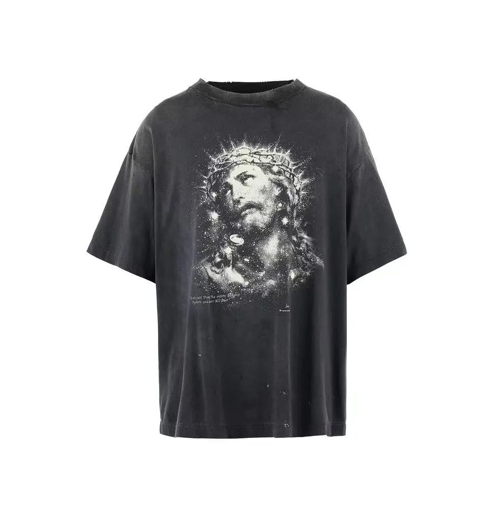 Spot ST433 style washed black P136 SAINT Mxxxxxx 25SS JESUS ​​luminous destroyed old printed short-sleeved T-shirt size S-M-L-XL